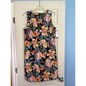 AGB Black Tropical Floral Shift Dress 16 NWT Resort Vacation Sleeveless Pom Pom